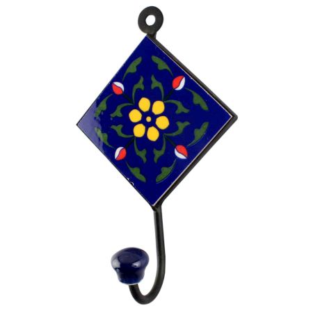 Navy Blue Ceramic Floral Tile Hook